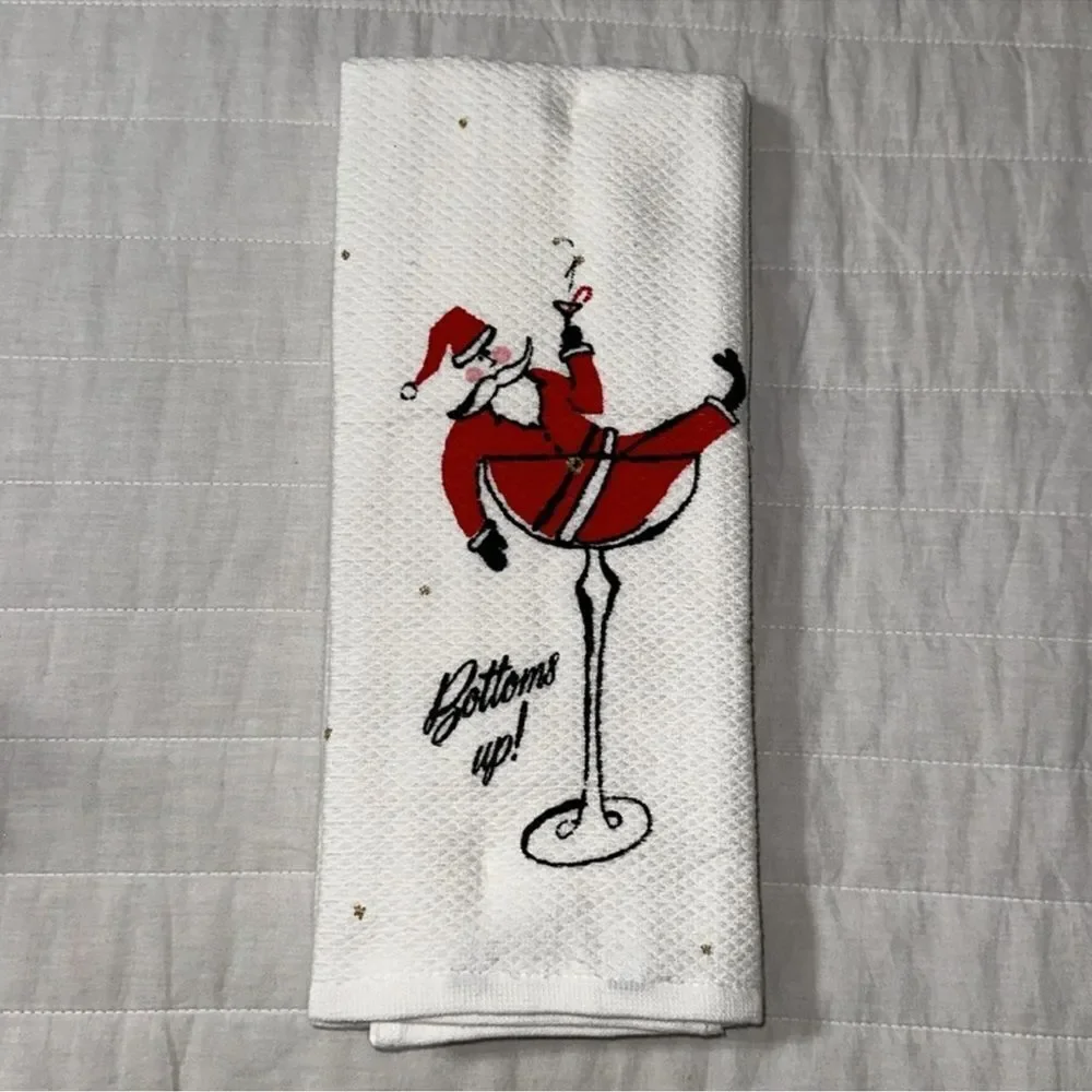 kate spade Jolly Santa Raise a Glass White Gold Red Cotton Kitchen 2 Towel Set